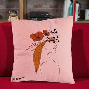 Perna Decorativa Portret Feminin Maci Rosii Auriu, 40x40 cm, Roz, Husa Detasabila, Perna Inclusa, BEKZ®