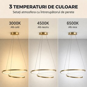 HOMCOM Lampă suspendată LED 38W cu 2 inele și 3 temperaturi de culoare, 3000-6500K, înălțime reglabilă, auriu | Aosom Romania