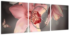 Tablou - Flori și fluture (cu ceas) (90x30 cm)