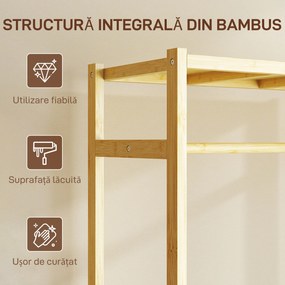 HOMCOM Cuier de Podea cu Bară și 4 Roți, Economisire Spațiu, Cuier din Bambus cu Rafturi Inferioare, pentru Dormitor, Hol, 70x35x175 cm, Lemn Natural | Aosom Romania