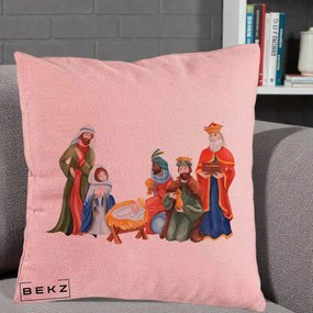 Perna Decorativa Nasterea Domnului Cei Trei Magi Acuarela, 40x40 cm, Roz, Husa Detasabila, Perna Inclusa, BEKZ®