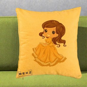 Perna Decorativa Printesa Bella Rochie Aurie, 40x40 cm, Galben, Husa Detasabila, Perna Inclusa, BEKZ®