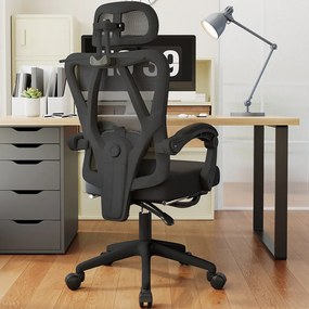 Scaun ergonomic cu suport lombar 4D, tetieră reglabilă 4D, pivotant 360°, suport pentru picioare, Negru