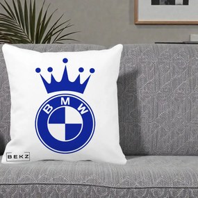 Perna Personalizata cu emblema BMW si Coroana, 40x40 cm, Alba Mata, Husa Detasabila, Perna Inclusa, BEKZ®
