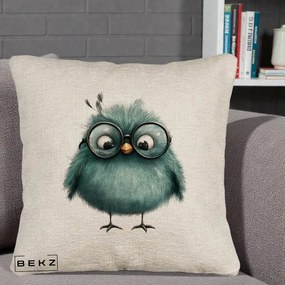 Perna Decorativa Pui Teal cu Ochelari Rotunzi, 40x40 cm, Bej Canapea, Husa Detasabila, Perna Inclusa, BEKZ®