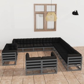 3077016 vidaXL Set mobilier de grădină cu perne,13 piese,gri,lemn masiv de pin