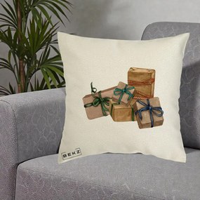 Perna Decorativa Cadouri de Craciun Kraft, 40x40 cm, Ecru, Husa Detasabila, Perna Inclusa, BEKZ®