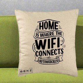 Perna Decorativa Home Is Where WiFi Connects, 40x40 cm, Bej, Husa Detasabila, Perna Inclusa, BEKZ®