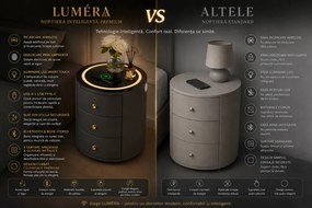 LUMÉRA – Noptieră Inteligentă cu Deblocare prin Amprentă, Încărcare Wireless, Iluminare LED în 3 Culori, USB + Type-C, Blat din Sticlă Securizată, 3 Sertare, Gri