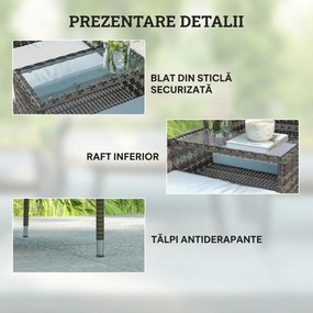 Outsunny Bancă de Grădină cu 2 Locuri din Rattan și Oțel, Bancă de Exterior cu Perne și Măsuță Centrală cu Blat din Sticlă Securizată, 135x64x81 cm, Gri Închis | Aosom Romania