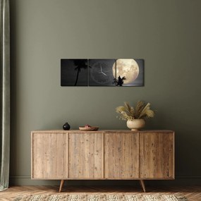 Tablou - Plaja cu lună plină, nuanțe gri (cu ceas) (90x30 cm)