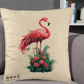 Perna Decorativa Flamingo cu Trandafiri Tropicali, 40x40 cm, Bej, Husa Detasabila, Perna Inclusa, BEKZ®