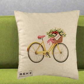 Perna Decorativa Bicicleta Galbena cu Cos de Flori Primavara, 40x40 cm, Bej, Husa Detasabila, Perna Inclusa, BEKZ®