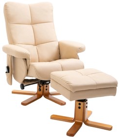 HOMCOM Massagesessel cu Hocker, Scaun de relaxare electric rotativ la 360° cu funcție de întindere și spațiu de depozitare, scaun TV cu buzunar lateral și telecomandă pentru sufragerie, piele ecologică, Crem | Aosom Romania