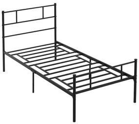 Cadru de Pat de o Persoana HOMCOM 90x200cm din Otel, Sipci Integrate, Tablie cap si Tablie picioare Stil Industrial, Negru