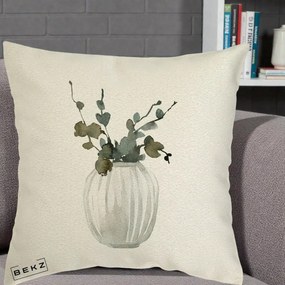 Perna Decorativa Vaza cu Eucalipt Watercolor, 40x40 cm, Ecru, Husa Detasabila, Perna Inclusa, BEKZ®