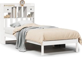 vidaXL Pat cu bibliotecă fără saltea, alb, 75x190 cm, lemn masiv pin