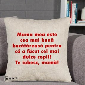 Cadou pentru Mama - Perna Personalizata Mama cea Mai Buna Bucatareasa, 40x40 cm, Bej Canapea, Husa Detasabila, Perna Inclusa, BEKZ®