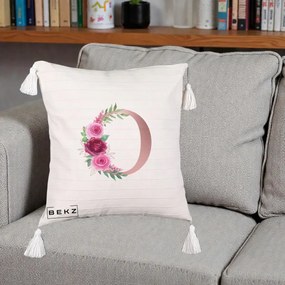 Cadou Personalizat - Perna Personalizata Monograma Rose Gold Litera O, 40x40 cm, Bej cu Franjuri, Husa Detasabila, Perna Inclusa, BEKZ®