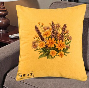Perna Decorativa Lavanda cu Margarete Galbene si Lila, 40x40 cm, Galben, Husa Detasabila, Perna Inclusa, BEKZ®
