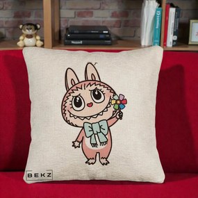 Perna Personalizata Labubu Roz cu Morisca, 40x40 cm, Bej Canapea, Husa Detasabila, Perna Inclusa, BEKZ®