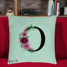 Cadou Personalizat - Perna Personalizata Monograma Florala Litera O, 40x40 cm, Verde Menta, Husa Detasabila, Perna Inclusa, BEKZ®