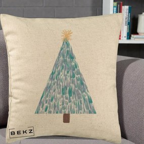 Perna Decorativa Brad de Craciun Acrilic Albastru, 40x40 cm, Bej, Husa Detasabila, Perna Inclusa, BEKZ®