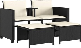 vidaXL Canapea de grădină cu 2 locuri cu masă și scaune negru poliratan