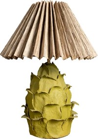 Lampă de masă din iută cu abajur plisat natur și structură din hârtie mâché verde, formă florală sculptată, finisaj natural, 67,5×50 cm, „Artyso"