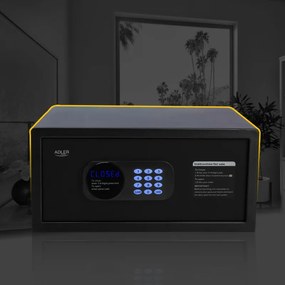 Seif electronic Adler AD 1045, 200x420x370 mm, 14 l, Blocare după 4 încercări greșite, Avertizare baterie descărcată, Negru