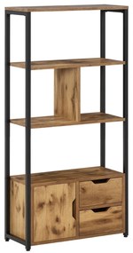 HOMCOM Biblioteca cu 3 Rafturi, Dulap si 2 Sertare, Biblioteca Stil Industrial din PAL si Metal, 58x24x122 cm, Negru si Lemn natur | Aosom Romania