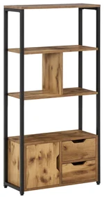 HOMCOM Biblioteca cu 3 Rafturi, Dulap si 2 Sertare, Biblioteca Stil Industrial din PAL si Metal, 58x24x122 cm, Negru si Lemn natur | Aosom Romania