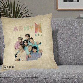 Perna Personalizata K-pop BTS ARMY Fotografie Grup Veseli, 40x40 cm, Crem, Husa Detasabila, Perna Inclusa, BEKZ®