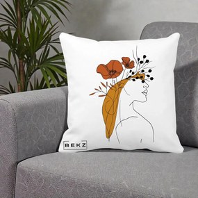 Perna Decorativa Portret Feminin Maci Rosii Auriu, 40x40 cm, Alba Mata, Husa Detasabila, Perna Inclusa, BEKZ®
