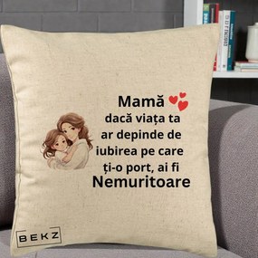 Cadou pentru Mama - Perna Personalizata Mama Nemuritoare cu Balon Inima, 40x40 cm, Bej, Husa Detasabila, Perna Inclusa, BEKZ®