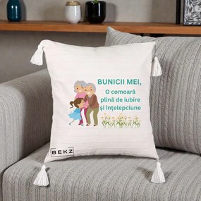 Cadou pentru Bunici - Perna Personalizata Bunicii Mei Comoara Iubire Intelepciune Nepoata, 40x40 cm, Bej cu Franjuri, Husa Detasabila, Perna Inclusa, BEKZ®