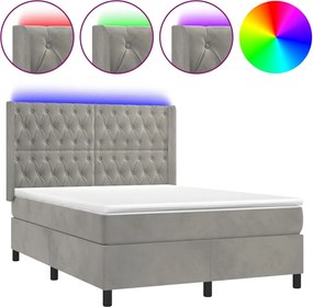 vidaXL Pat cu arcuri, saltea și LED, gri deschis, 140x200 cm, catifea