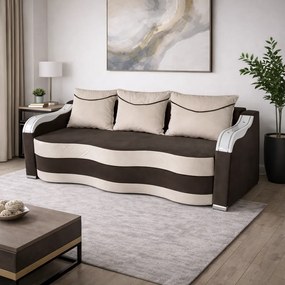 Canapea DIANA extensibila, 3 locuri, cu lada de depozitare, catifea maro cappuccino si crem , 220x100x80 Maro Cappuccino + Crem, Catifea