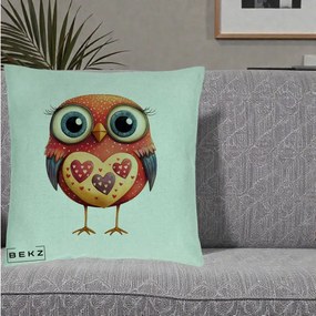Perna Decorativa Bufnita Rosie cu Inimi Aurii, 40x40 cm, Verde Menta, Husa Detasabila, Perna Inclusa, BEKZ®