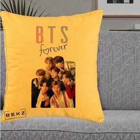 Perna Personalizata K-pop BTS Forever cu Foto Grup Negru, 40x40 cm, Galben, Husa Detasabila, Perna Inclusa, BEKZ®