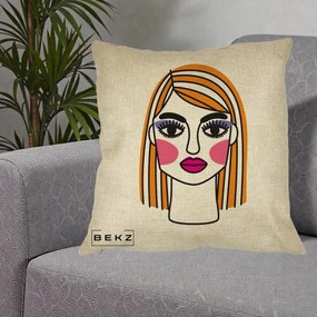 Perna Decorativa Portret Pop Art Fata, 40x40 cm, Crem, Husa Detasabila, Perna Inclusa, BEKZ®