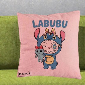 Perna Personalizata Labubu x Stitch cu Flori, 40x40 cm, Roz, Husa Detasabila, Perna Inclusa, BEKZ®