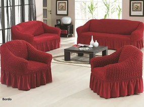Set huse elastice si creponate pentru canapea 3 locuri, canapea 2 locuri si 1 fotoliu, cu volanas, Bordo