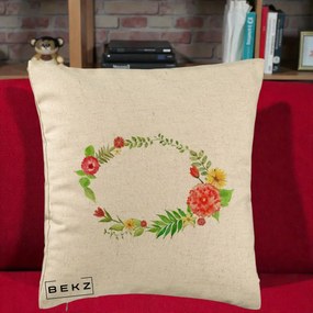 Perna Decorativa Coroana Florala Acuarela, 40x40 cm, Bej, Husa Detasabila, Perna Inclusa, BEKZ®
