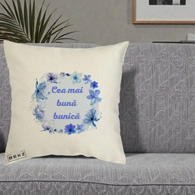 Cadou pentru Bunica - Perna Personalizata Cea Mai Buna Bunica Coronita Flori Albastre Acuarela, 40x40 cm, Ecru, Husa Detasabila, Perna Inclusa, BEKZ®