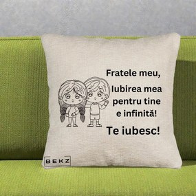 Cadou pentru Frate - Perna Personalizata Fratele Meu Te Iubesc Copii Anime Line Art Negru, 40x40 cm, Bej Canapea, Husa Detasabila, Perna Inclusa, BEKZ®