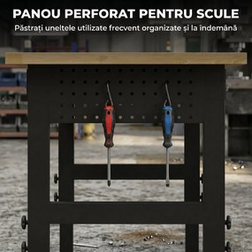 HOMCOM Masă de Lucru Reglabilă 122 cm, Blat Robust din Lemn de Cauciuc, 2 Prize AC și 2 Porturi USB, Panou Perforat, Capacitate 900 kg, pentru Garaj, Atelier și Casă | Aosom Romania