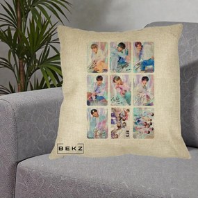 Perna Personalizata K-pop BTS Colaj 9 Fotografii Autografe Individual, 40x40 cm, Crem, Husa Detasabila, Perna Inclusa, BEKZ®