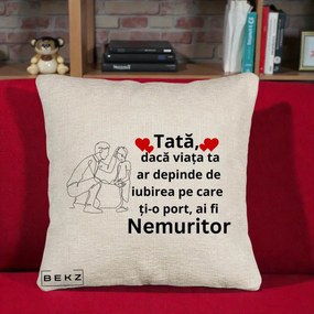 Cadou pentru Tata - Perna Personalizata Tata Nemuritor cu Inimi Rosii, 40x40 cm, Bej Canapea, Husa Detasabila, Perna Inclusa, BEKZ®