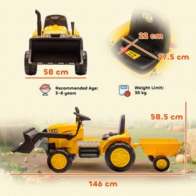 AIYAPLAY Excavator Electric pentru Copii 12V cu Cupă și Remorcă Detașabilă, Tractor Electric de Călărit cu 2 Motoare, Telecomandă, Conexiune Wireless, USB, Lumini și Muzică, 3-8 Ani, Galben | Aosom Romania